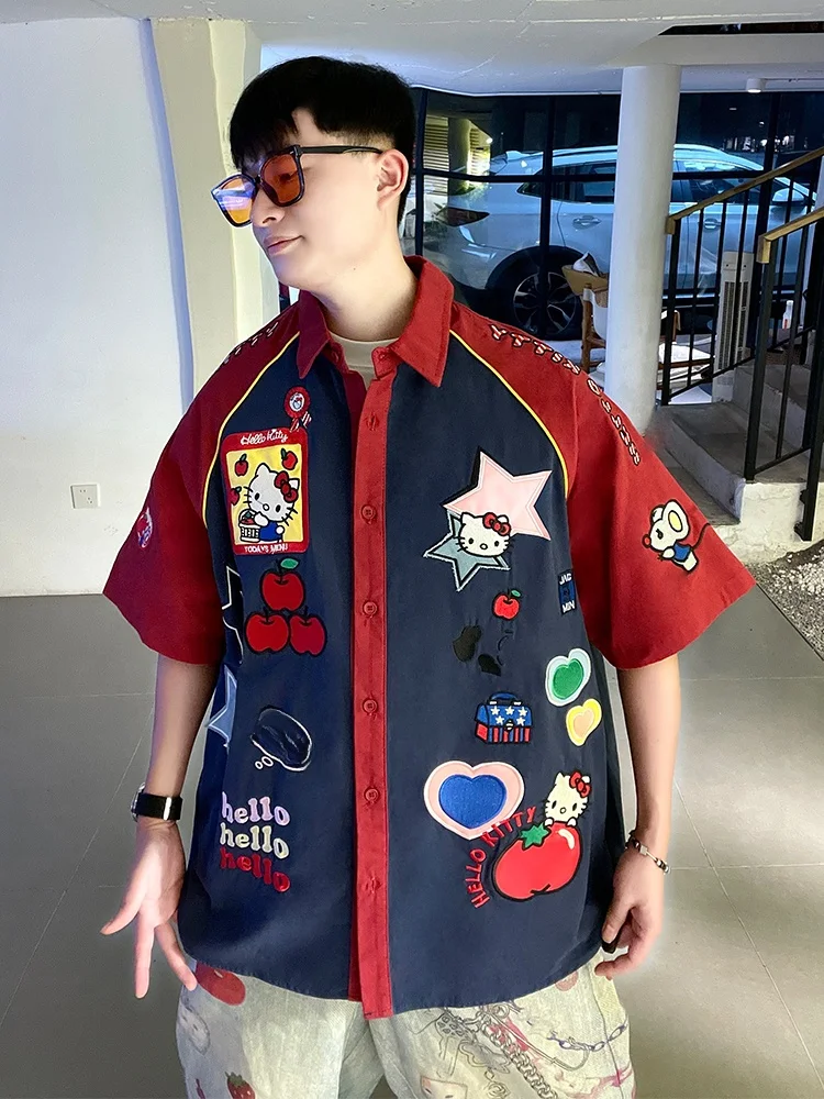 

Американская ретро-футболка с мультяшным принтом, вышивкой и цветными блоками, свободного кроя, унисекс, для пар, летняя, хлопковая, дышащая