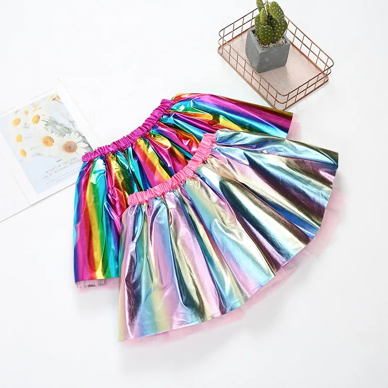 2022 new bronzing rainbow skirt party show girls skirt plus lining mesh tutu skirt children\'s clothing