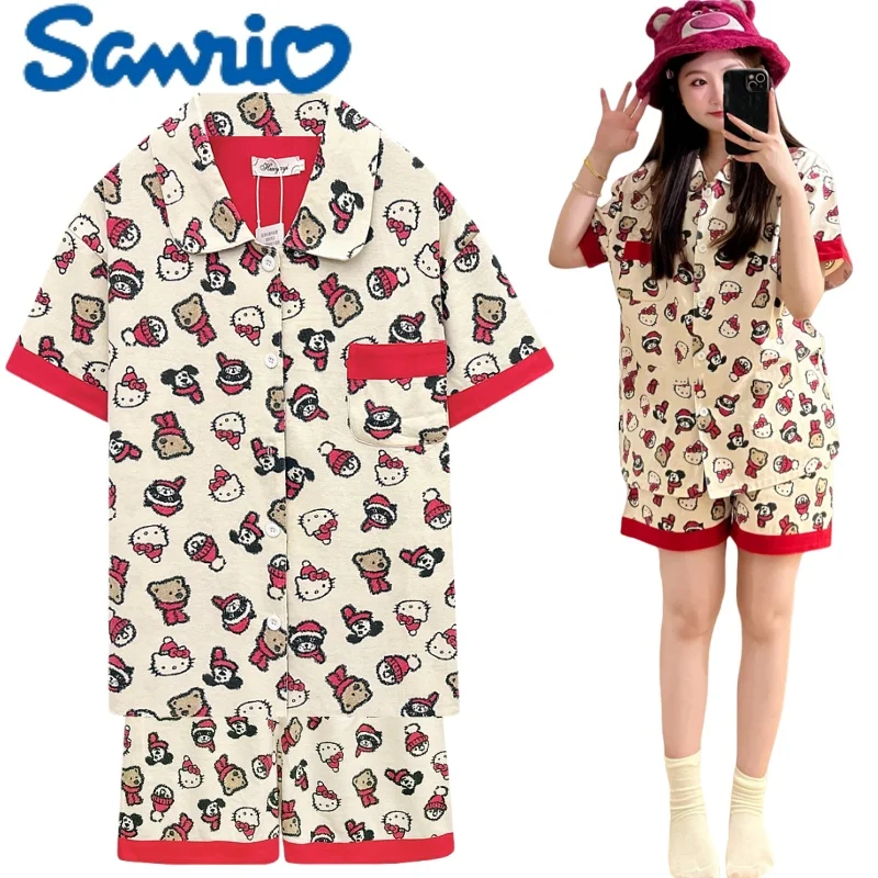 

Sanrio Cotton Pajamas HelloKitty Loungewear Short-sleeved Shorts Small Lapels Can Be Worn Outside Holiday Gifts, Casual Fashion
