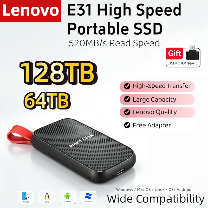 

Портативный SSD-накопитель Lenovo E31 1 ТБ, 4 ТБ, 8 ТБ, внешний жесткий диск USB 3.1, высокоскоростное мобильное хранилище для ноутбуков, PS5, телефонов, игр