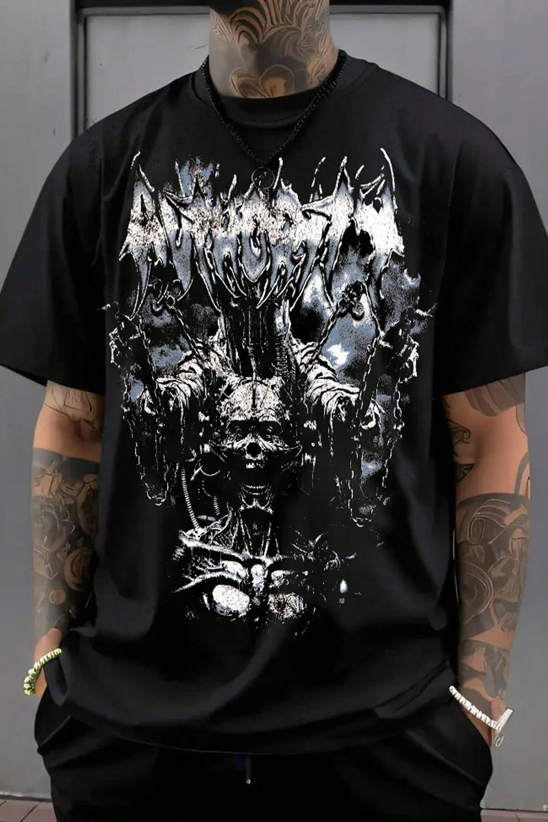 Hardcore Heavy Metal Dark Rock Band Art American Retro Lonely Print Trendy Cotton Heavyweight Short-sleeved T-shirt
