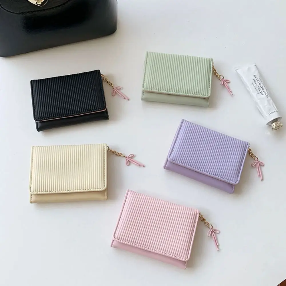 

Simple Solid Color Women's Wallet Minimalist Ins Lady Wallet Short Pu Leather Bow Pendant Purses Card Holder