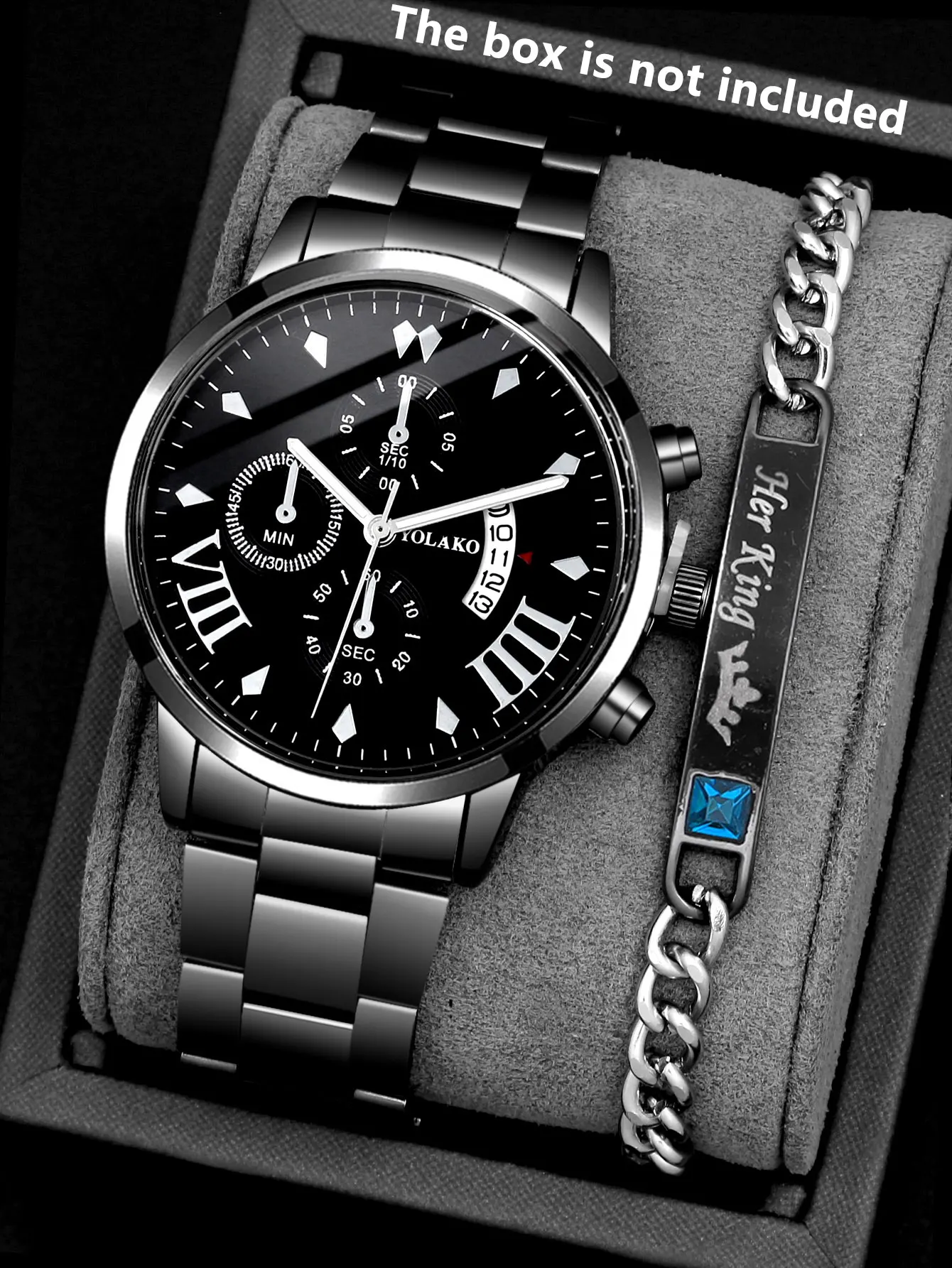 男性用ビジネスシックスチールバンド、クォーツ時計、チェーンブレスレットセット、カレンダー、2個