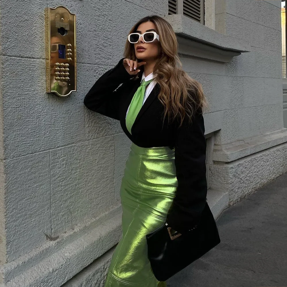 

Metallic Green Skirt Silver High Waist A-line Pu Leather Hip Midi Long Slit Maxi Shiny Skirts Party Y2K Grunge Streetwear