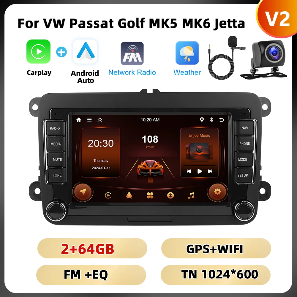 Podofo 7 '8 + 128G Autoradio Voor Vw/Passat/Touran/Golf/Polo Multimediaspeler 8Core Carplay Android Auto Gps Navigatie Wifi 4G