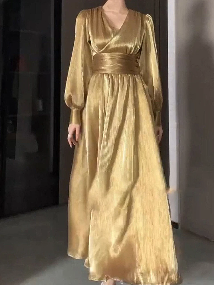 New Luxury Gold Split Long Dresses Spring Women Lantern Sleeve V Neck Big  Swing Dress Autumn High Waist Loose Knee Length Dress - AliExpress 200000345
