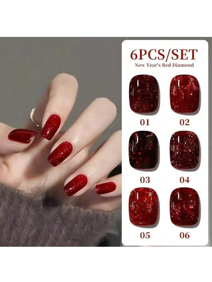 

6Colors 15ML New Year Red Glitter Gel Nail Polish Semi Permanent Soak Off UV LED Gel Varnish Nail Art Manicure