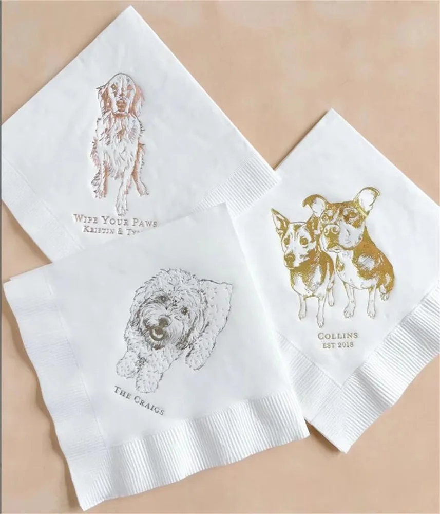 

50PCS Custom Pet Cocktail Napkins for Weddings and Special Events - Personalized Wedding Napkins with Dog or Cat Illustrations