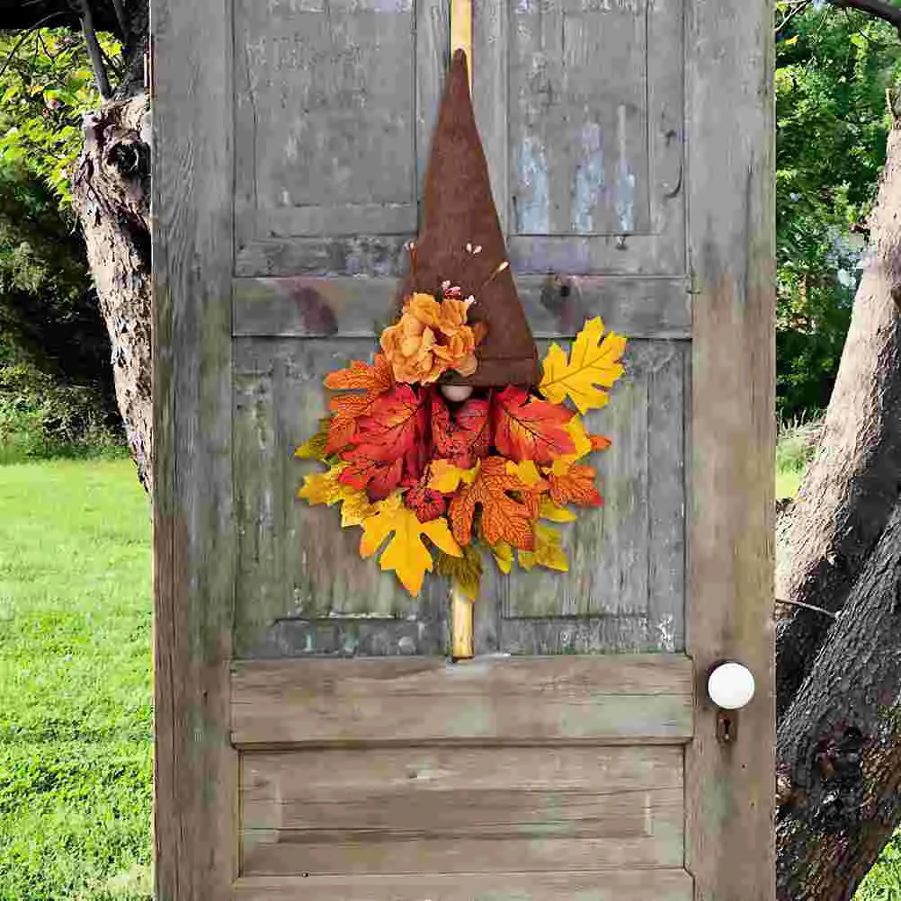 Maple Leaf Gnome Pendant Harvest Season Decorations Autumn Rattan Circle Door Hanging Pastoral Wreath (dark Hat Hanging) Front