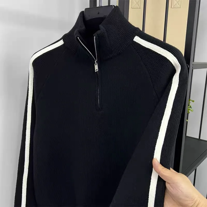 High Quality Trend semi zipper collar sweater Men's winter thick warm high-end color matching splicing casual knitted pullover