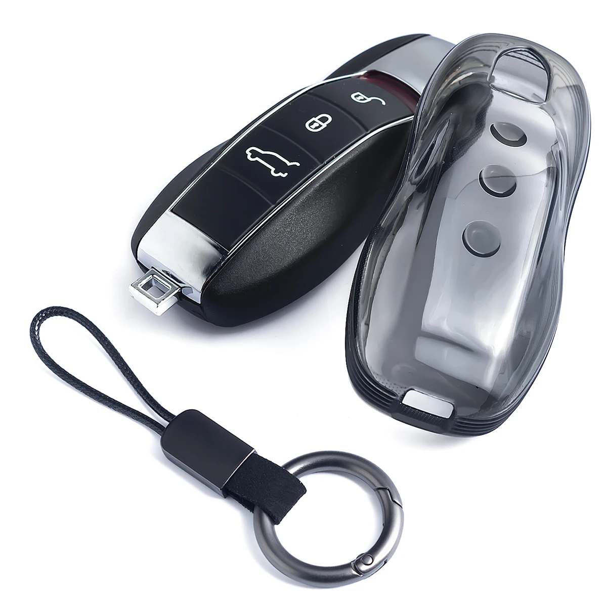 Slim Smart Car Key Fob Case Cover Keychain For Porsche Cayenne Macan Panamera 718 Boxster Cayman Spyder 911 Black Transparent