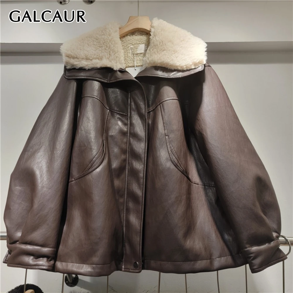 

GALCAUR однотонная куртка из сращенного меха, женская свободная винтажная базовая куртка с лацканами и длинными рукавами, осенний стиль, новая модная одежда