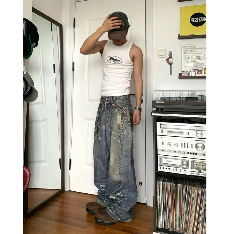 

3D Printed Loose Leg Men's Jeans Trendy Street Sle High Waist Denim Pants Youthful Faion Wear Resistant Straight Cut Trou...