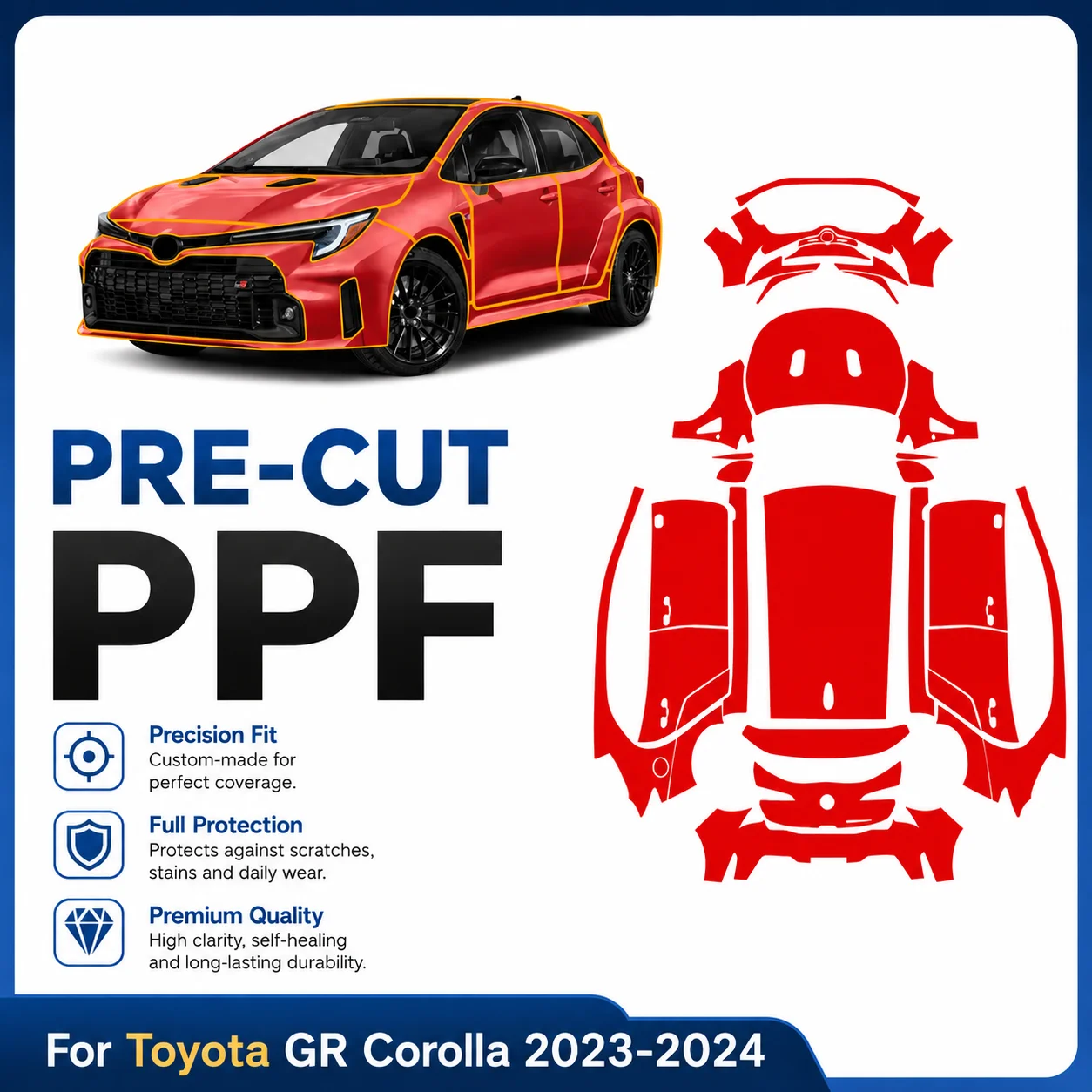 Für Toyota GR Corolla 2023-2024 9Mil TPU Stoßstangen-Vorabgeschnittene PPF Klare Lackschutzfolie Maßgefertigter Kratzschutz Selbstheilender Schutzschild