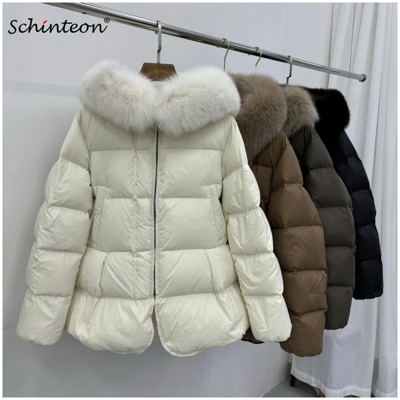 Schinteon feminino 100% gola de pele de raposa real pato branco para baixo jaqueta com capuz outono inverno quente casual a-forrado quente outwear capa