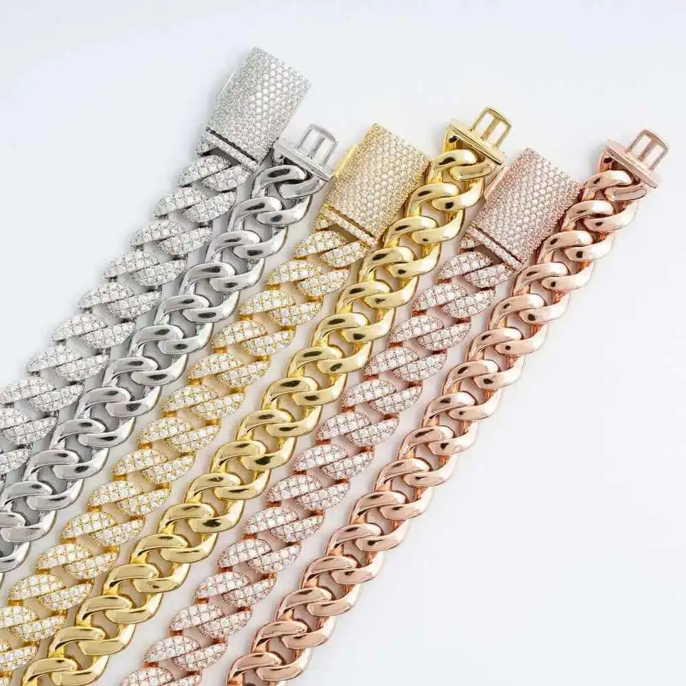 

925 Silver Vermeil Yellow Gold Moissanite Cuban 12mm Link Rose Gold Chain Necklace