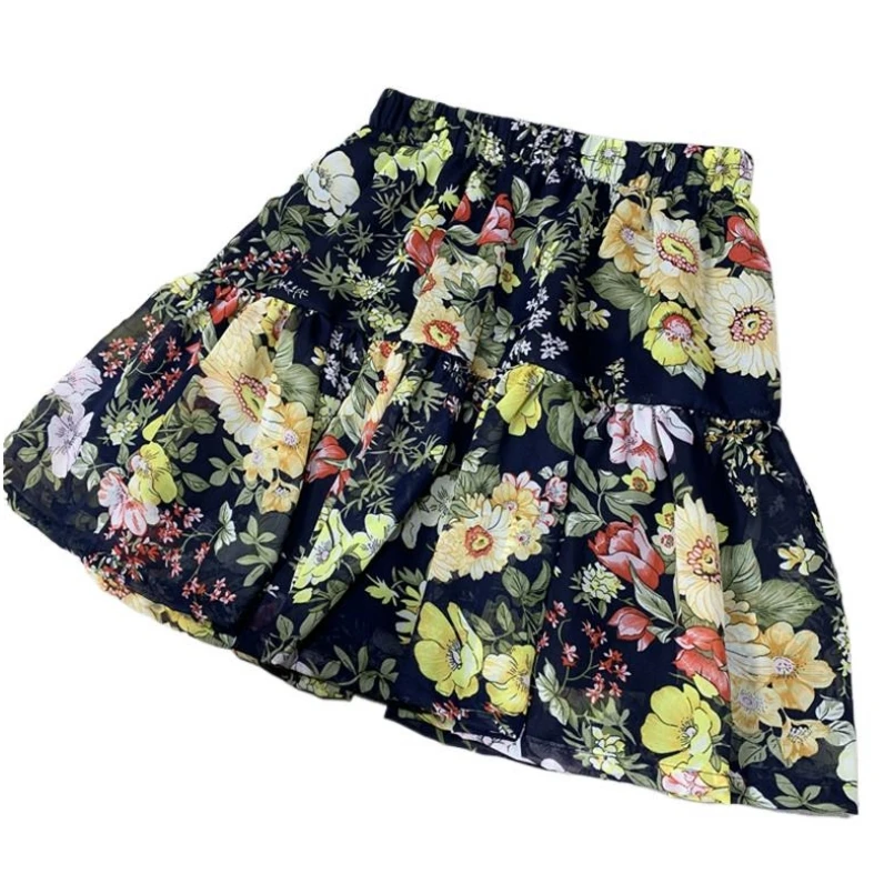 

2024 New Women Spring Print chiffon Skirts sweet Boho Pleated ruffled skirts Plus size Korean Flower party skirts M-5XL 6XL 7XL