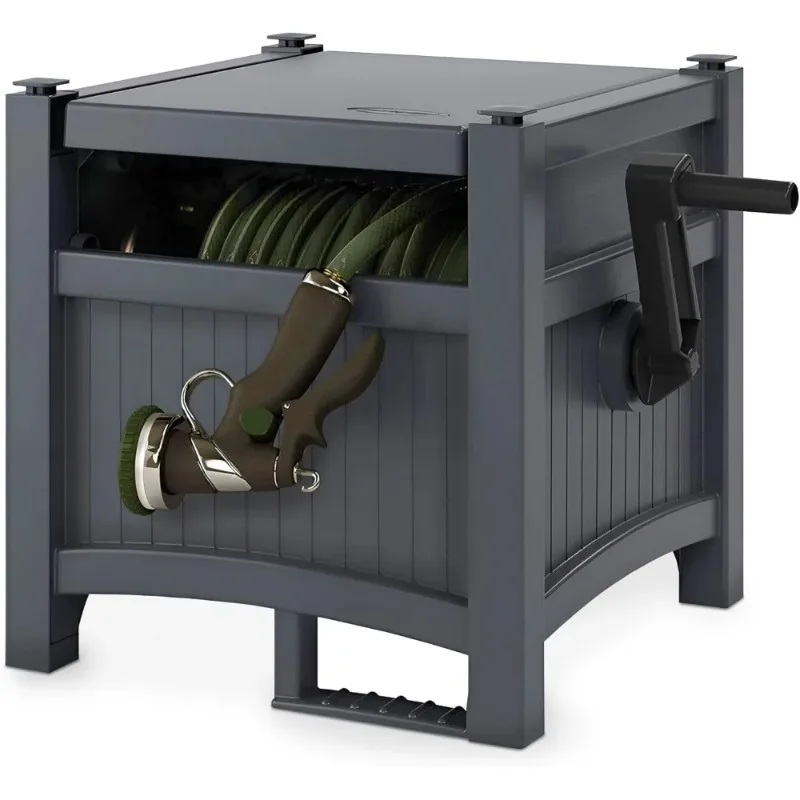 

Grey Garden Hose Storage Reel Box Resin Outdoor Container Holds 100FT 5/8 Inch Water Line No Assembly Require