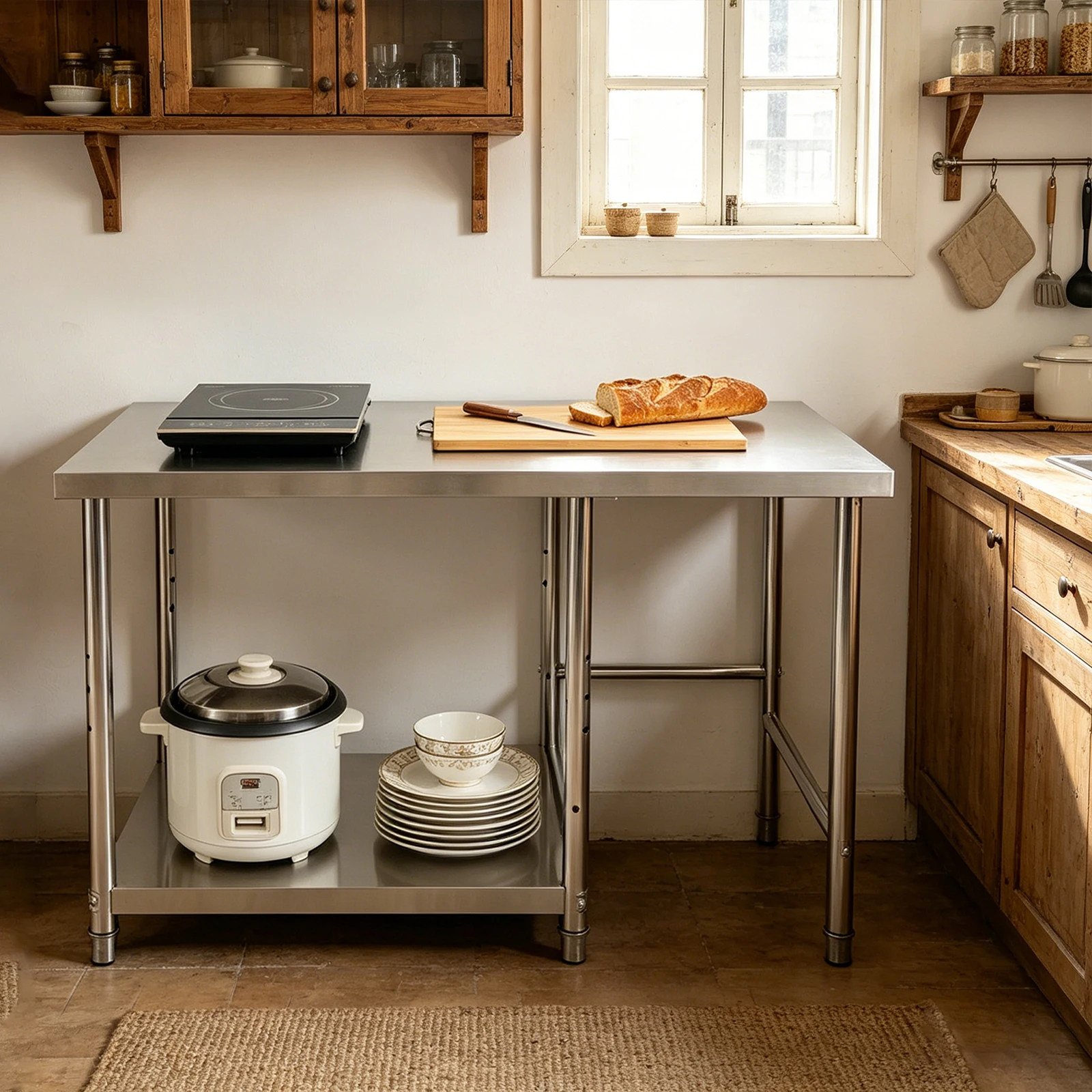 Stainless Steel Work Table, Prep Table with Lower Shelf, Heavy Duty Commercial Kitchen Workstation for Home Restaurant