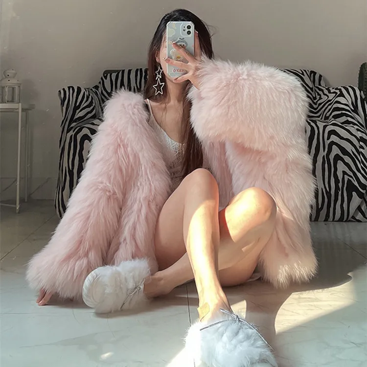 

Onesize Winter Women Imitation Fur Jacket Multicolor Long Hair Thick Artificial Fur Coat For Lady Slouchy-Style Hood Plush Coat