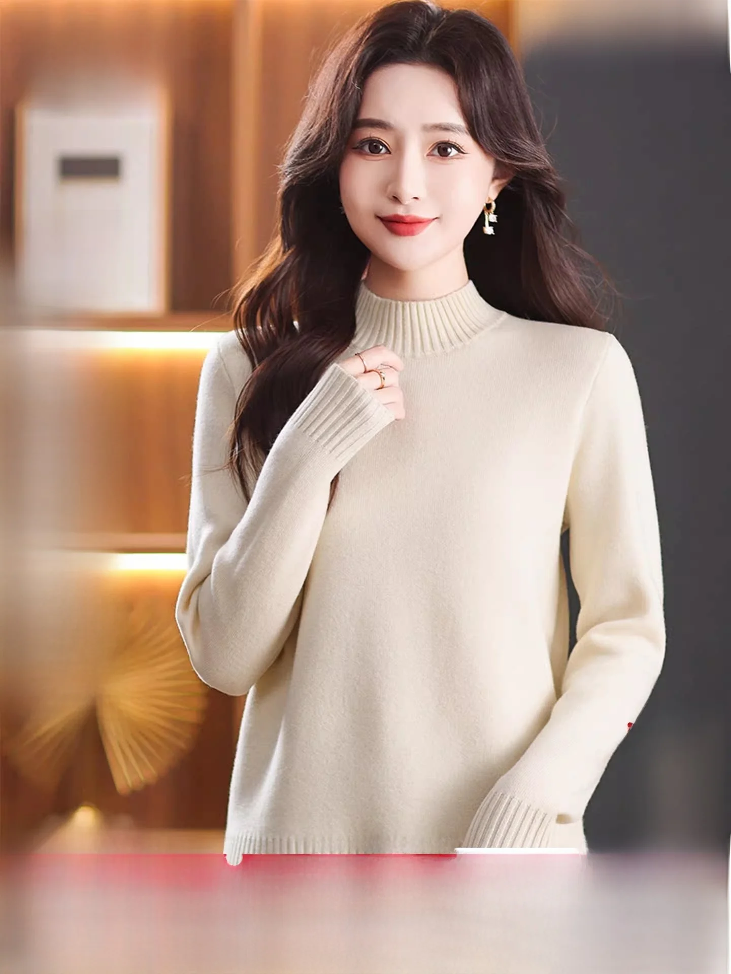 

Warm Fce Lined Woolen Sweater Women's Casual f High Collar Full Wool Soft Comfortable Long Sve Knitwear for Autumn W...