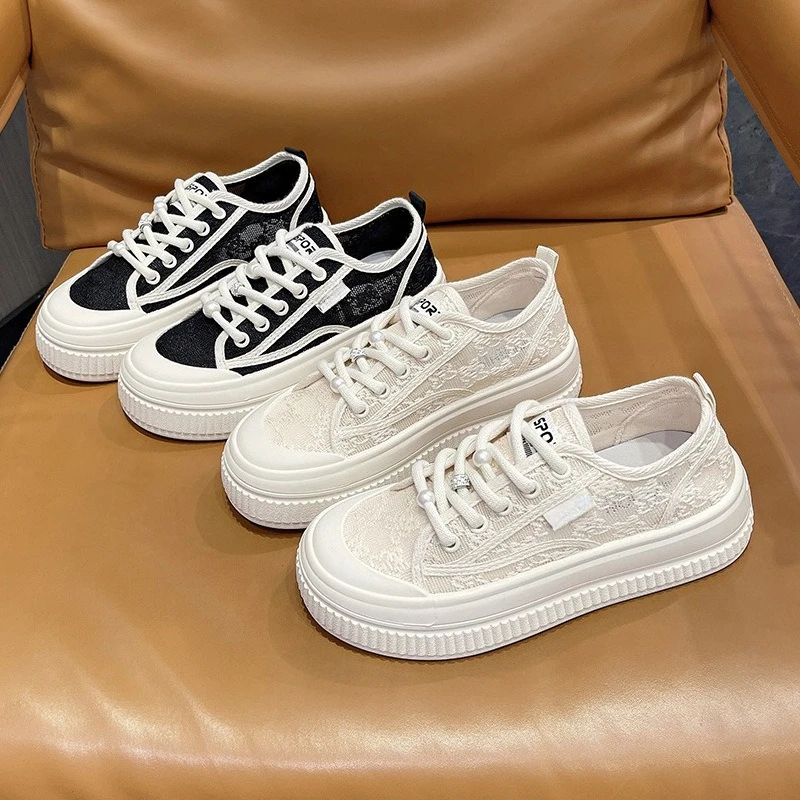 

Canvas Shoes for Women 2025 Summer New Style Lace Mesh Breathable White Sneakers Thick-soled Casual Board Shoes for Women