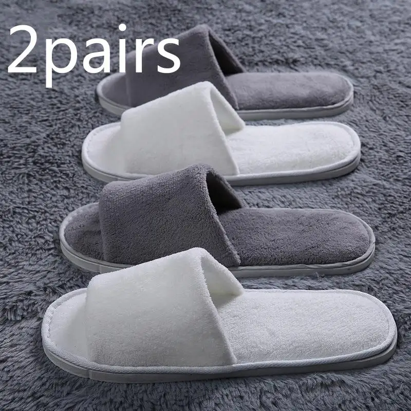 

2Pairs Winter Women Men Home Furry Slippers Non-Slip Open Toe Indoor Flats Floor Shoes Cotton Hotel Disposable Slippers