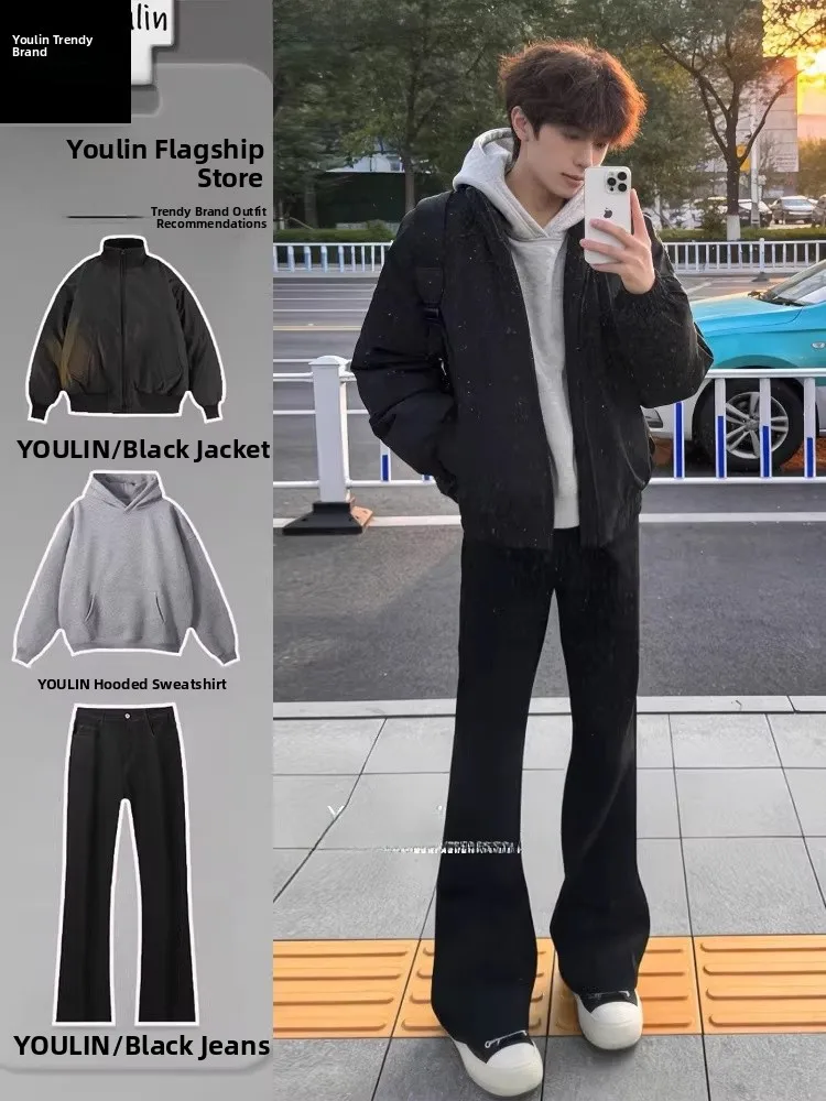 

Cool American Sle ort Flight Jaet Outerwear for Men Bla Jeans Ootd Matching Set Spring Casual Sports Suit for Teens