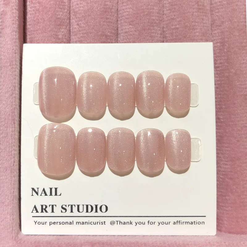 10Pcs Pink Cat Eye Wearable Round Head Short Fake Nails Simple Fashion Artificial Nails with Jellied Gel Full Over Press on Nail