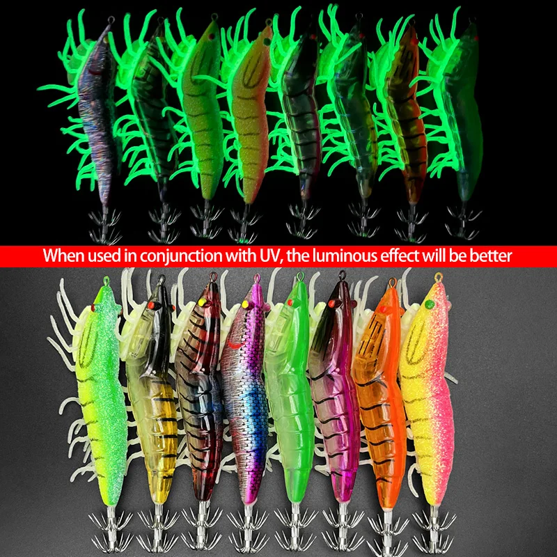 ShareShark 8PCS Glow in The Dark Soft Foot Shrimp Jig Hard Fishing Lures Shrimp Squid Hook Wood Shrimp Bait Fishing Lure Set