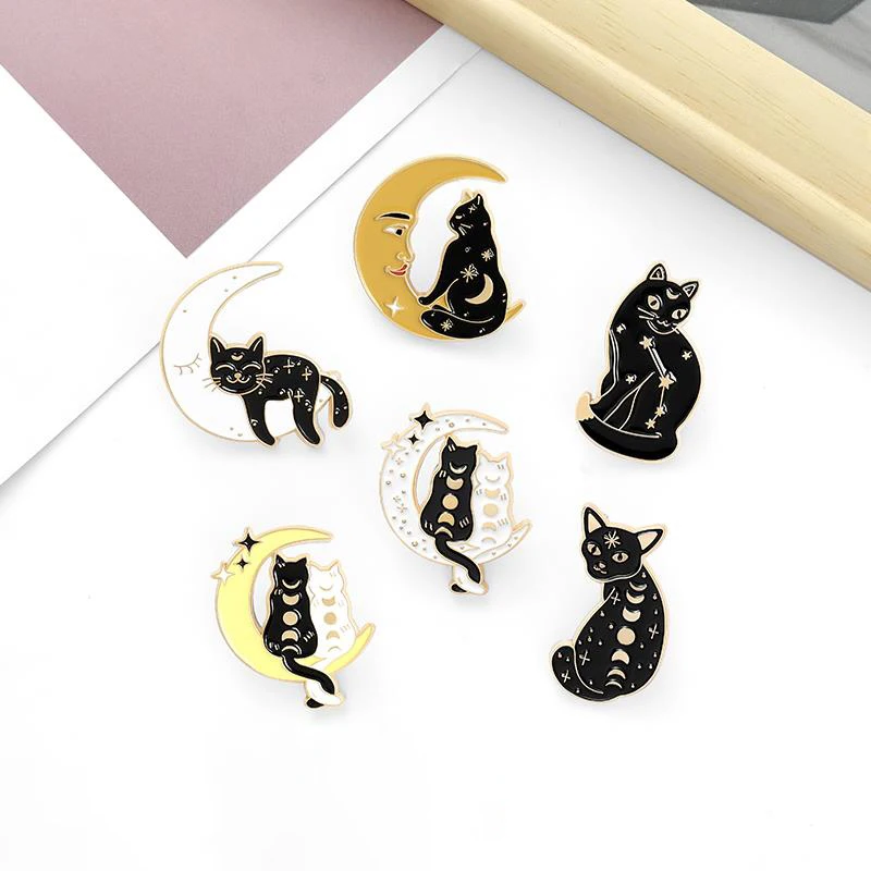 Witch Cats Enamel Pin Custom Moon Phase Wizard Cat Brooches Bag Lapel Pin Black White Witch Craft Badge Jewelry Gift for Friends