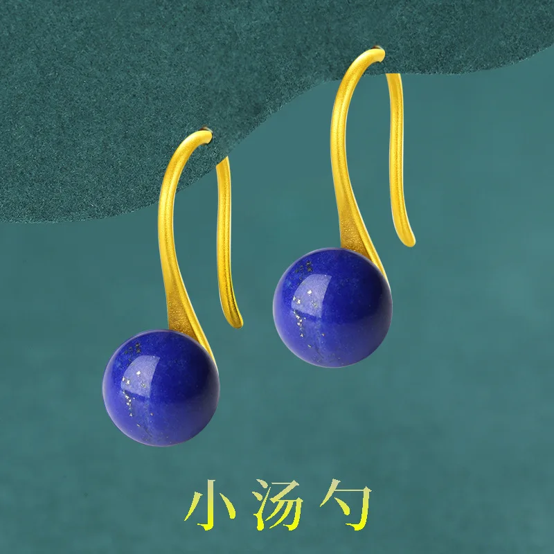 Traditional And Lapis Lazuli Earrings Women, Elegant Gold-Colored Small Spoon-Shaped Ear Hooks