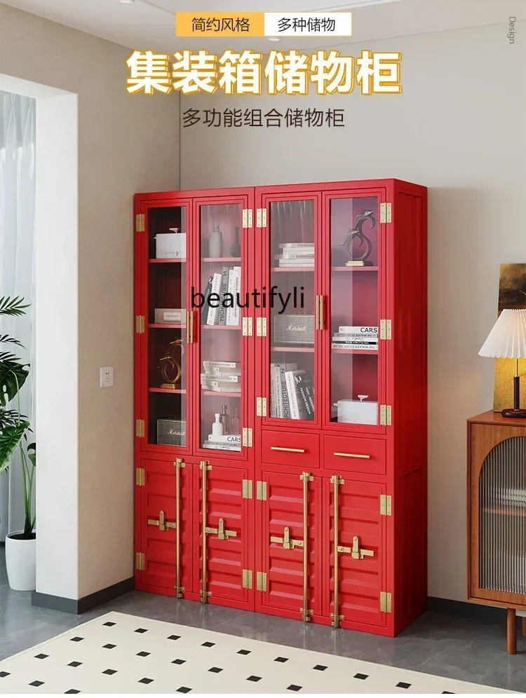

YH55 Y Wrought iron container bookcase with glass door industrial wind display cabinet floor display rack storage cabinet