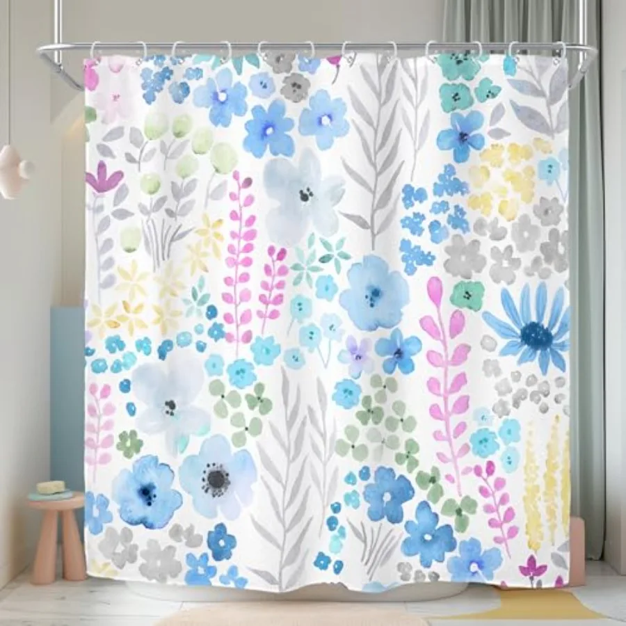 

Riyidecor Blue Grey Floral Shower Curtain for Bathroom Decor 72Wx72H Cute Boho Wildflower Trendy Watercolor Plant Leaves Botani