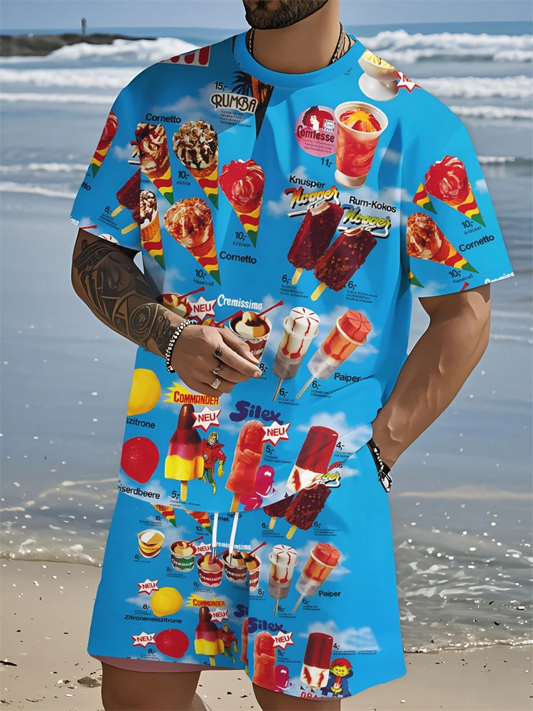 

Summer New Men's Two-piece Fashion Trend Ice Cream Printing Loose Breathable Round Neck T-shirt Plus Shorts Men's Suit
