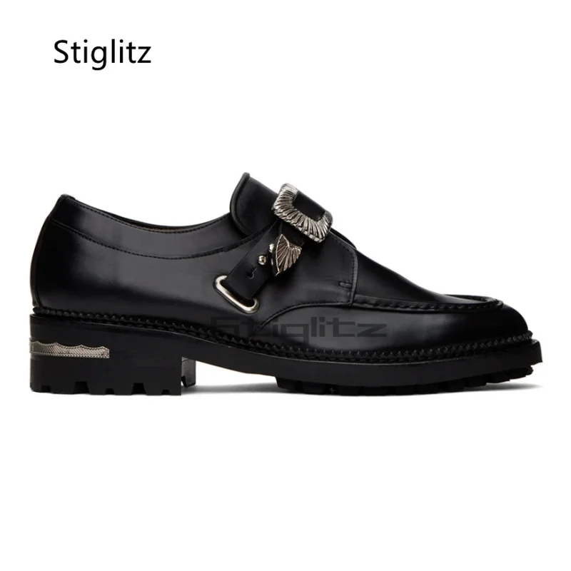 Black Round Toe Metal Buckle Men\'s Shoes Retro Casual Business Dress Man Shoes Slip-On Genuine Leather Comfortable Loafers