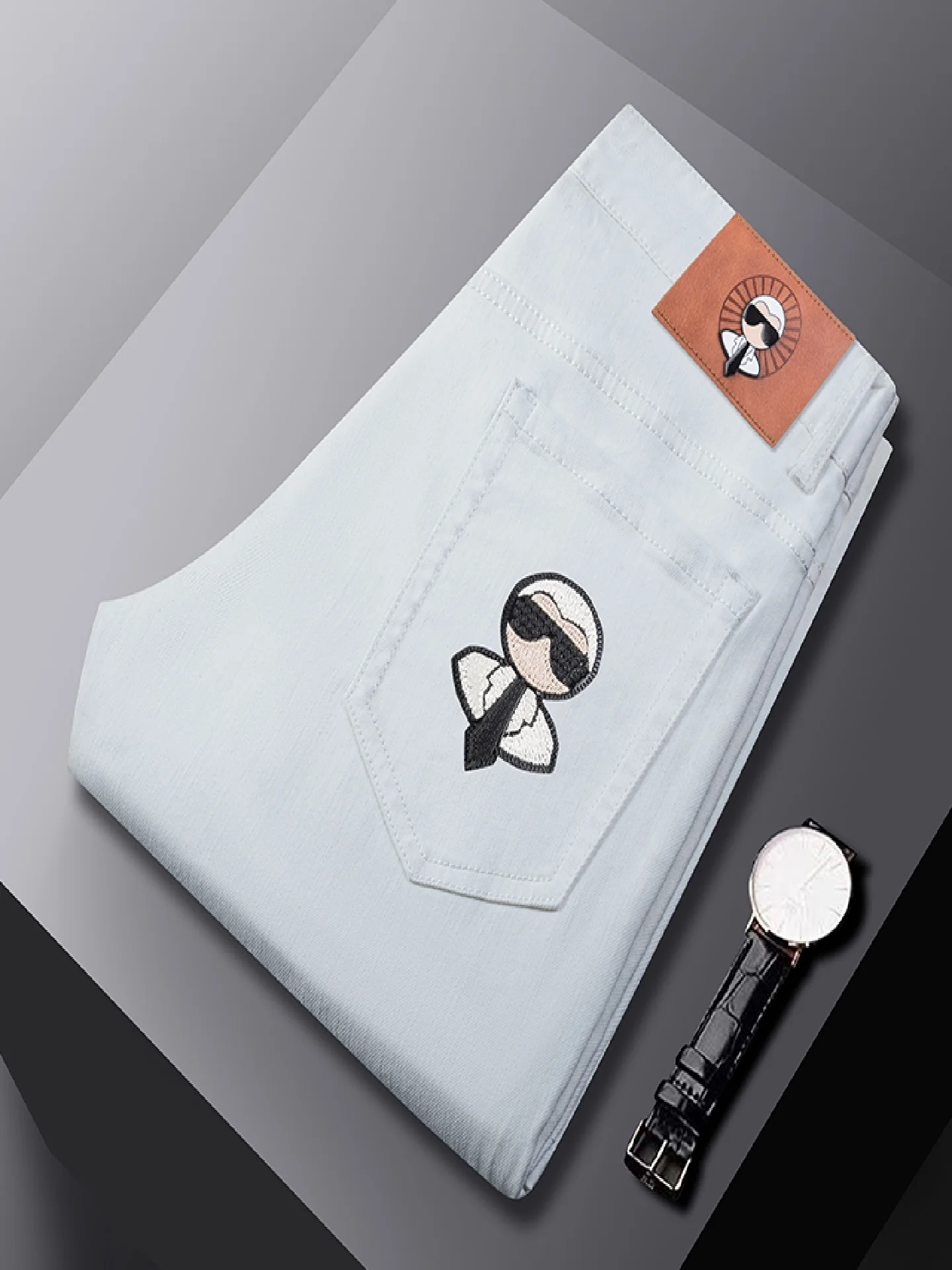 

Мужские белые джинсы из высококачественного европейского хлопка, прямого кроя, для делового повседневного стиля, с эластичным поясом средней жесткости, длинные брюки