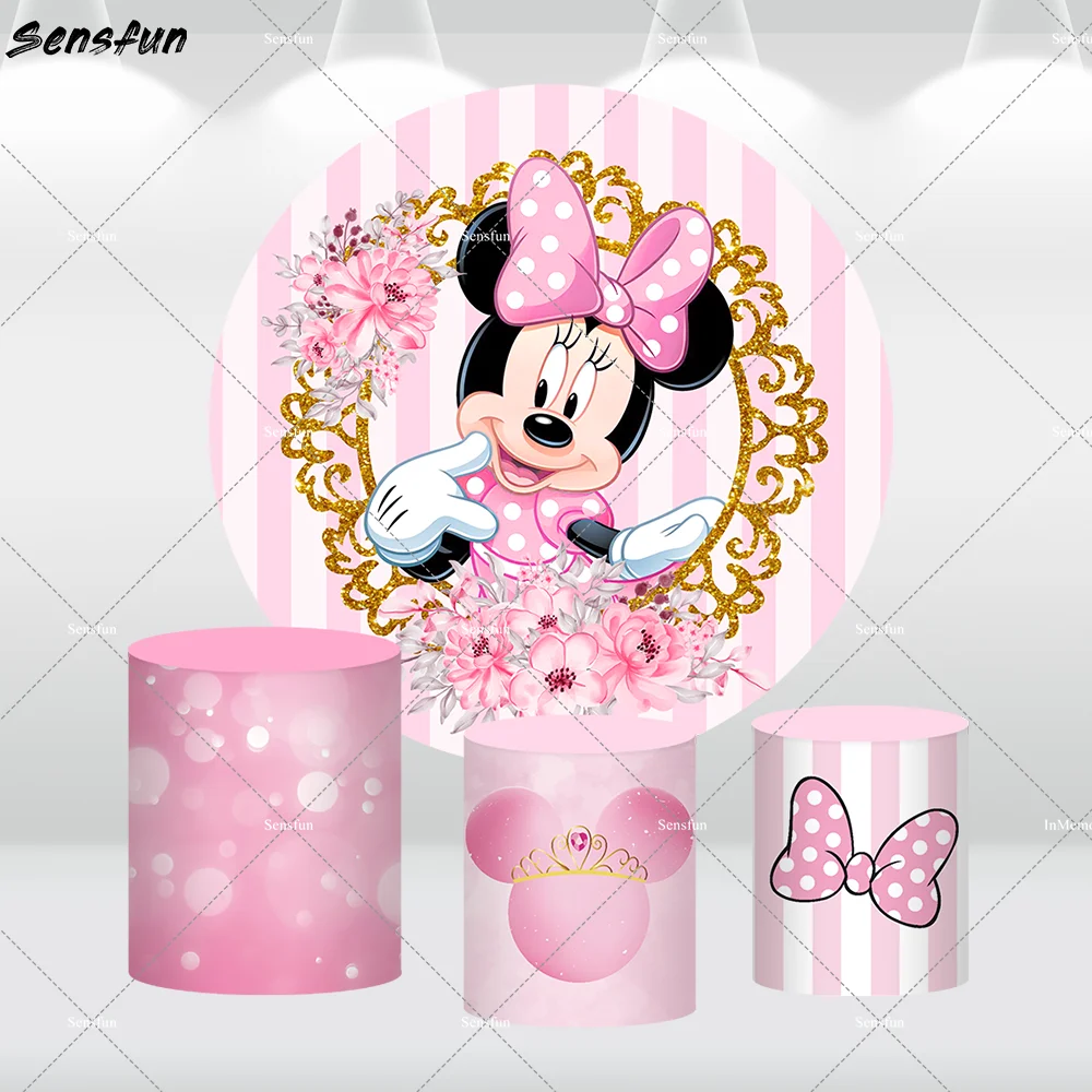 Disney Pink Minnie Mouse Birthday Party Circle Round Backdrop Cover Pink Stripes Flower Girls Baby Shower Cake Cylinder Covers