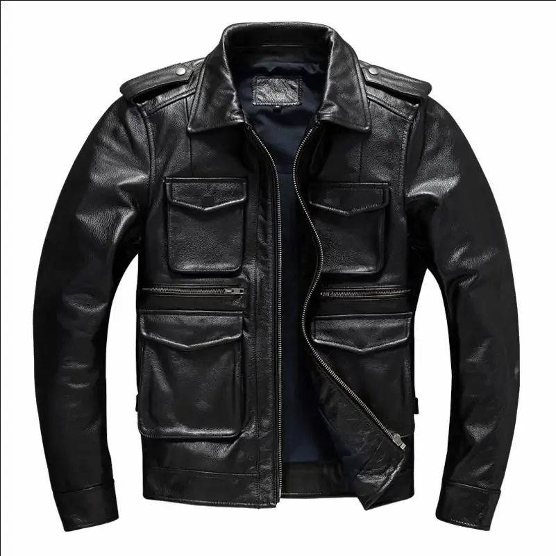 

Man Lapel Motorcycle Top Layer Cowhide Hunting Fashion Slim Coat Military Jackets For Men Heavy Black Genuine Leather Jacket