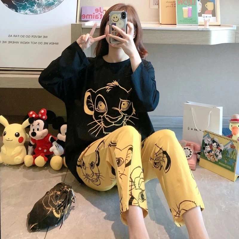 The Lion King Simba Cute Pajamas Set Autumn Winter Long Sleeve Leisure Sleepwear for Women Loose Nightwear Homewear Suit