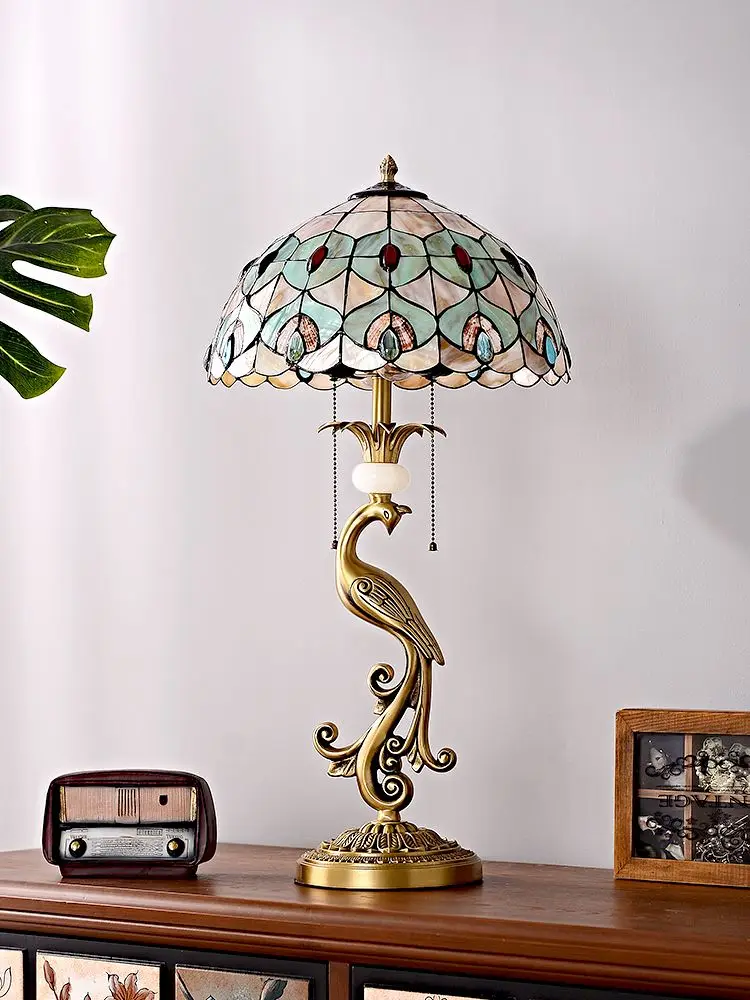 

Retro nordic desk lamp Tiffany American all copper art pure copper decoration living room bedside table light
