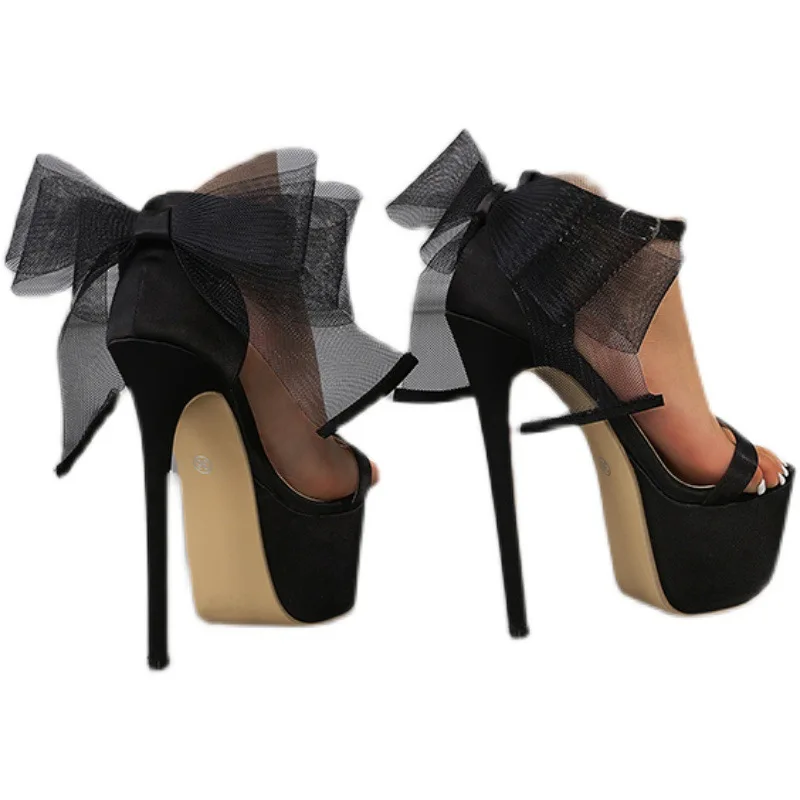 

New Sexy Super High Heels Women's Shoes Bow Ribbon Waterproof Platform Flat Button 16cm High Heel Sandals Wedding Banquet Party