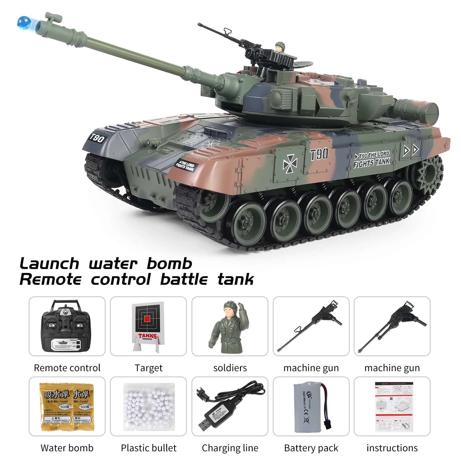 Coolbank 1/18 RC Battle Tank telecomando russo T90 / T90A Tank con effetti sonori luci che spara Tank Toys for Boys 14 +