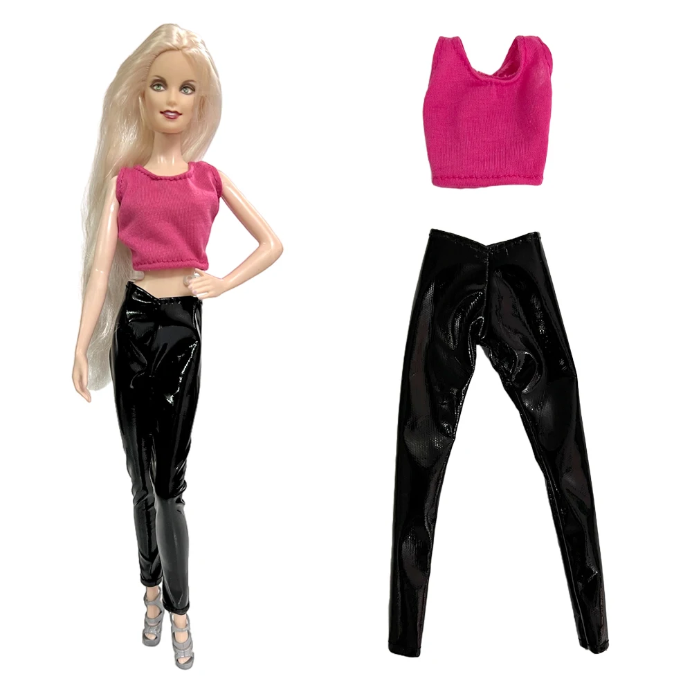 NK Official 1 Set Fashionable Dress For Barbie Clothes  imitation leather pants + sleeveless Pink shirt suitable 1/6 Doll Toy