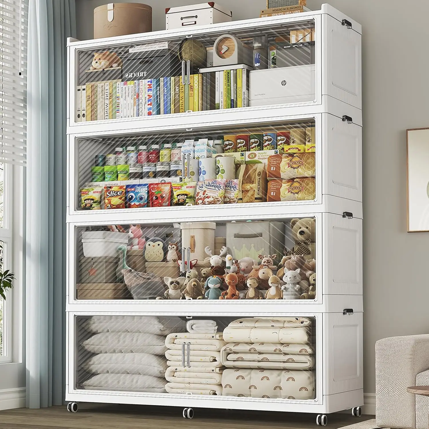 

Складной контейнер для хранения объемом 320 галлонов (960QT) с крышкой, 4 штуки, белый, большой, штабелируемый, пластиковый органайзер на колесиках для шкафа и гостиной