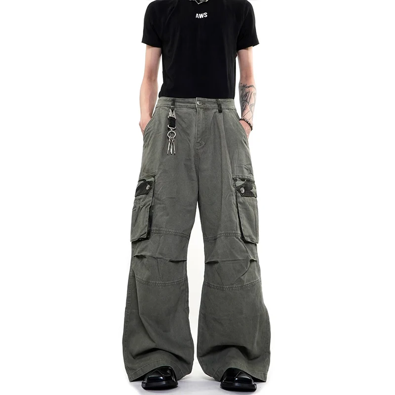 Camouflage Ripped Distressed Retro Jeans Men's American Style Heavy Duty Patchwork Wide Leg Work Pants 2026 New