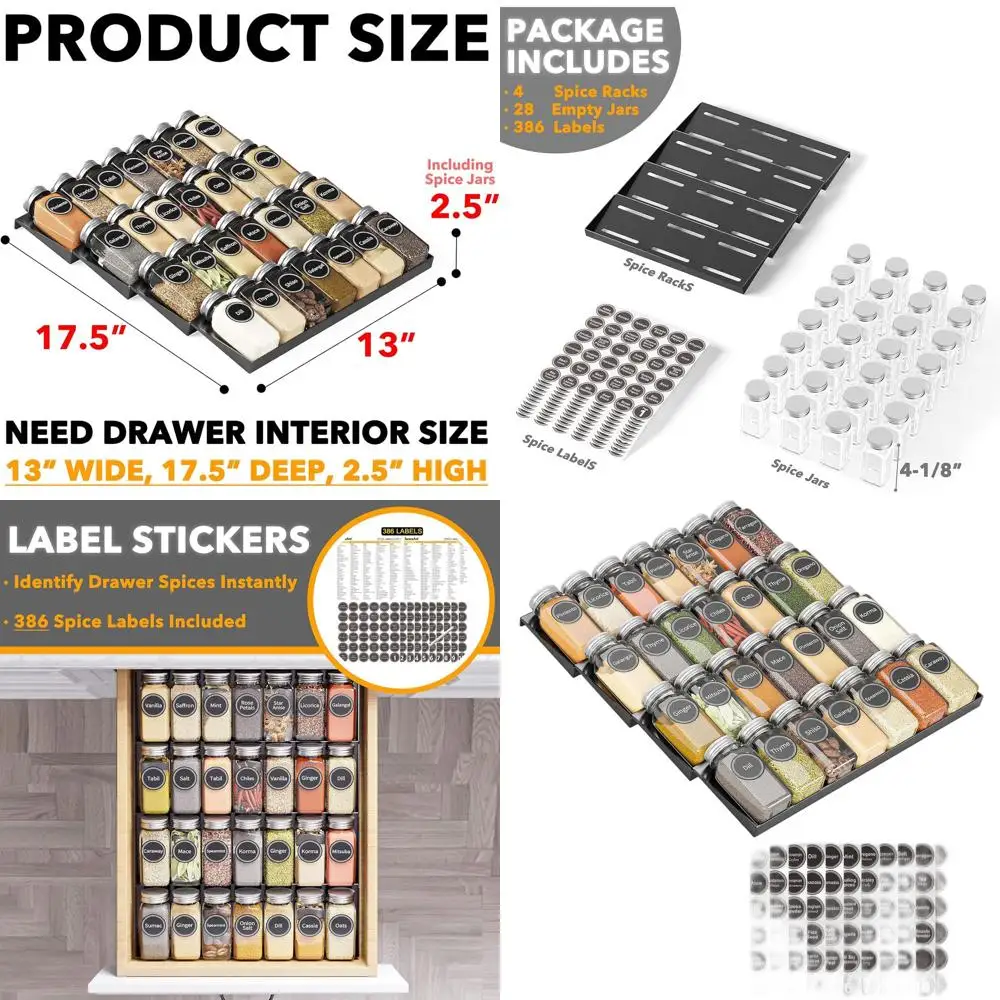 

3-Tier Spice Drawer Organizer with 28 Jars and 386 Labels, 13 x 17.5 Kitchen Rack Insert
