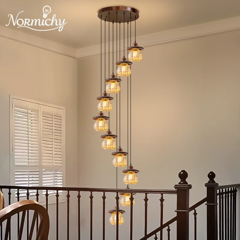 Villa Duplex LED Staircase Light French Retro Style Chandelier for High Ceiling Loft Apartment  Long Hanging Lamp Home Fixture