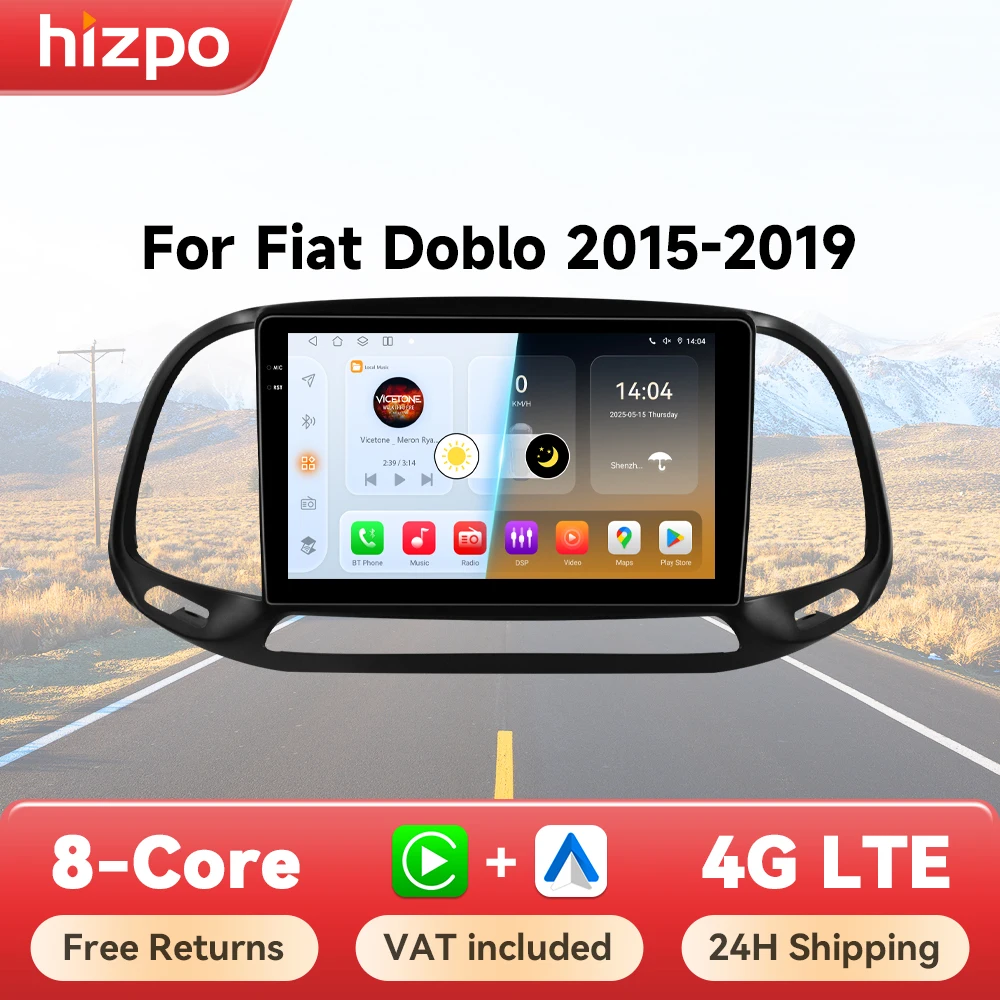 Hizpo-Autoradio sans fil AI Voice pour Fiat Doblo, CarPlay, Android Auto Navigation BT, 4G, Limitation de la voiture, GPS, 2Din, 2015 - 2019