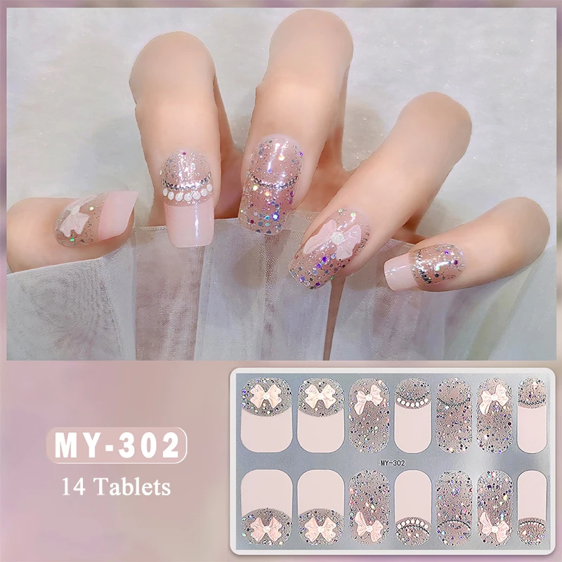 14Tips Glitter Bowknot Full Cover Nail Stickers Shiny Flowers Adhesive Press on Nail Decals Manicure DIY Full Cover Nail Wraps